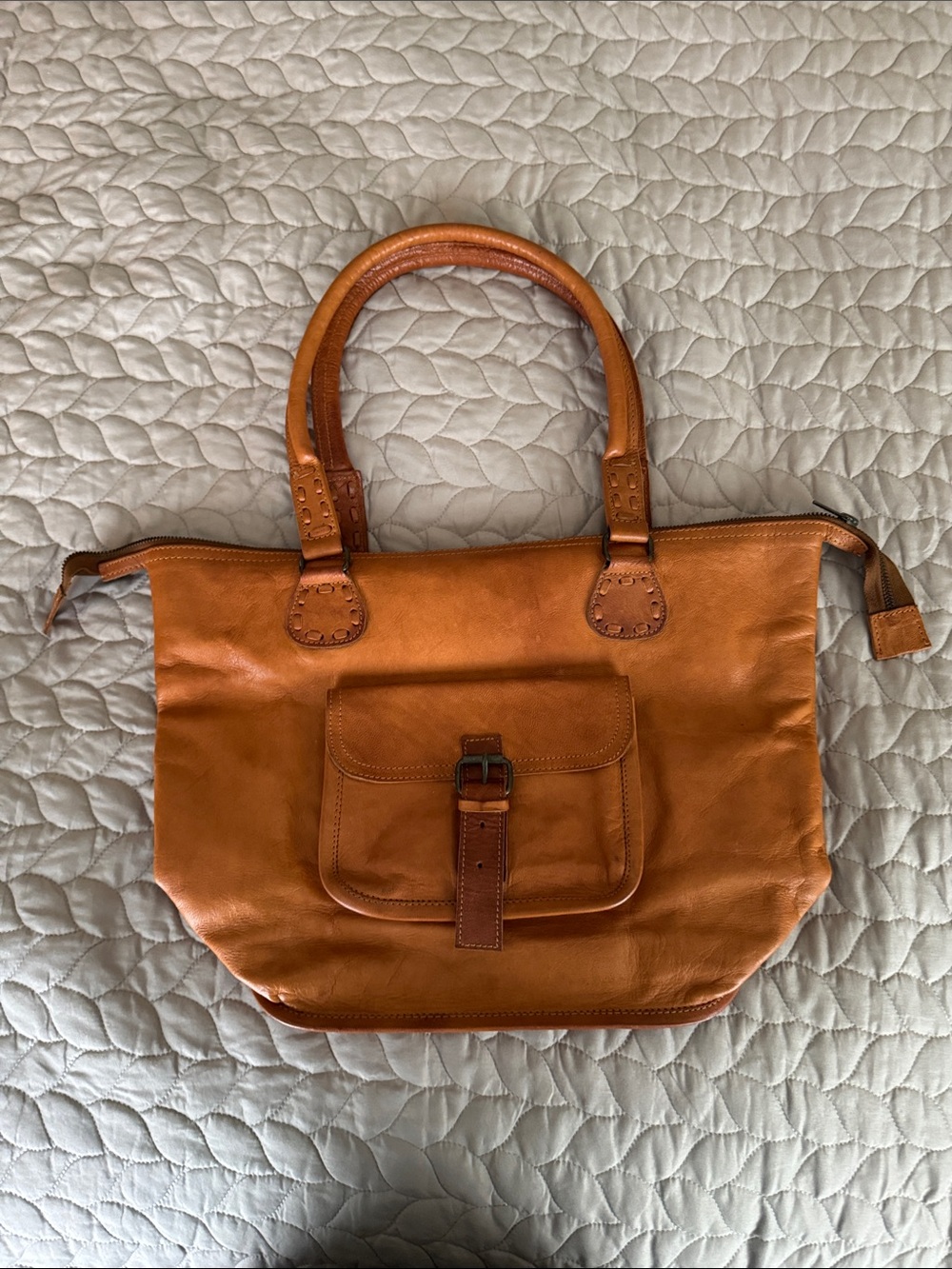Noonday Collection Tan Leather Tote with Front Buckle Pocket